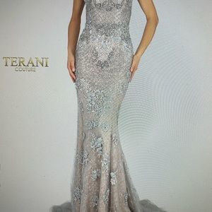 Terani Couture 1913GL9586 Sandstone Silver Size 12 off the shoulder neckline